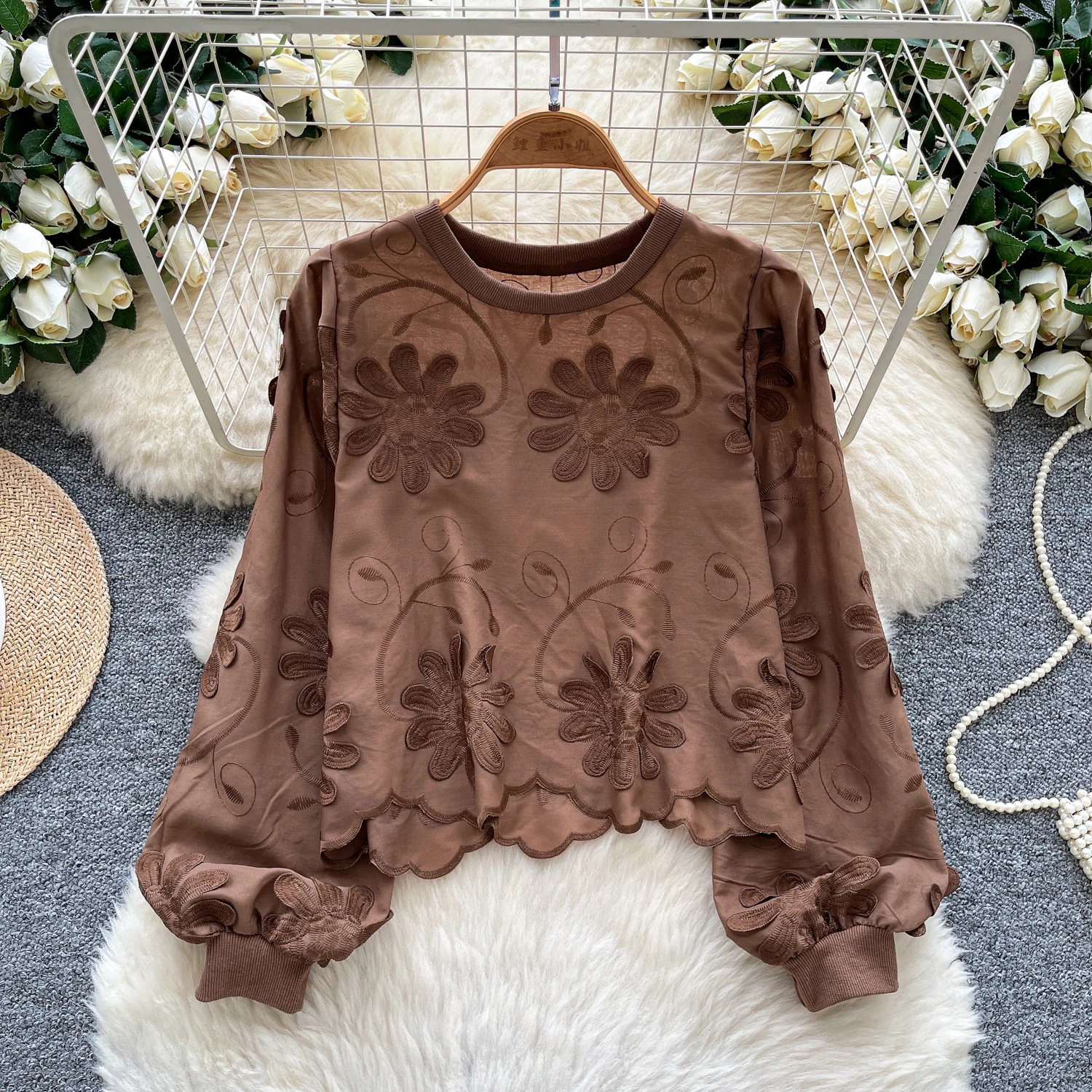 

Vintage Blouse floral loose lantern sleeve O-Neck long sleeve Elegant Fashion Women hotsweet Shirt women clothing