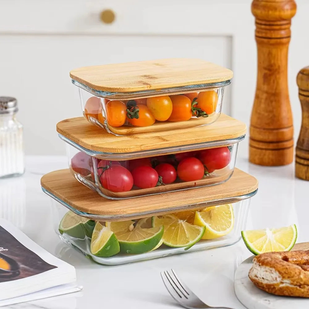 Frischhaltebox aus Glas, hoher Borosilikatgehalt, hitzebeständig, Mikrowellenherd, Lunchbox, Bambusdeckel, versiegelte Vorratsbehälter für Lebensmittel
