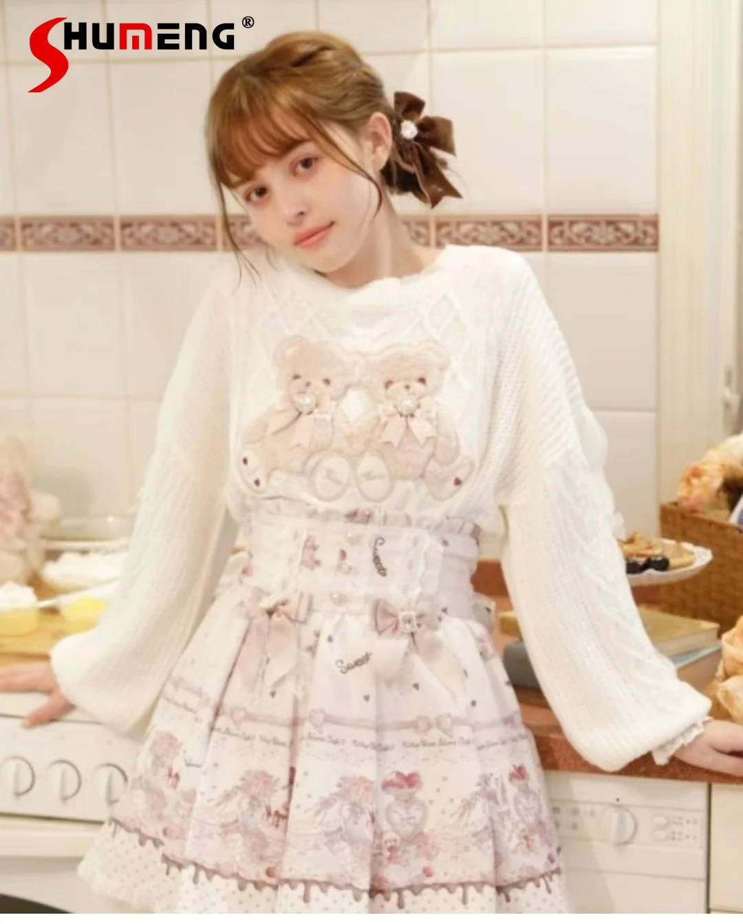 Pull japonais Kawaii à manches longues pour femmes, pull rose, pull en tricot doux, haut chaud, jolie fille, succion Twin Bear, hiver