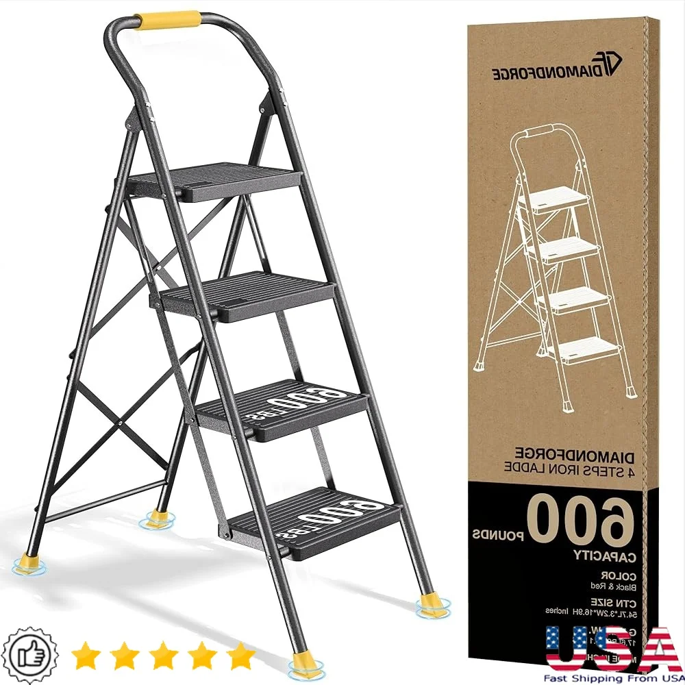 

Foldable Step Ladder Heavy Duty Home Use 4 Steps with Handrail Non-Slip Portable Kitchen Stool Adults Closet Storage