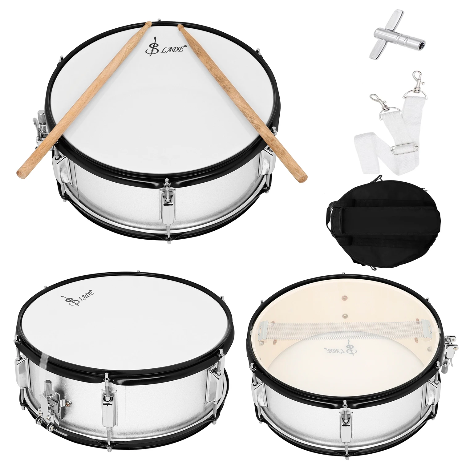 

SLADE 14 Inch Snare Drum Set Silver with Strap Drumstick Snare Drum Bag Professional Percussion Instrument Snare Drum