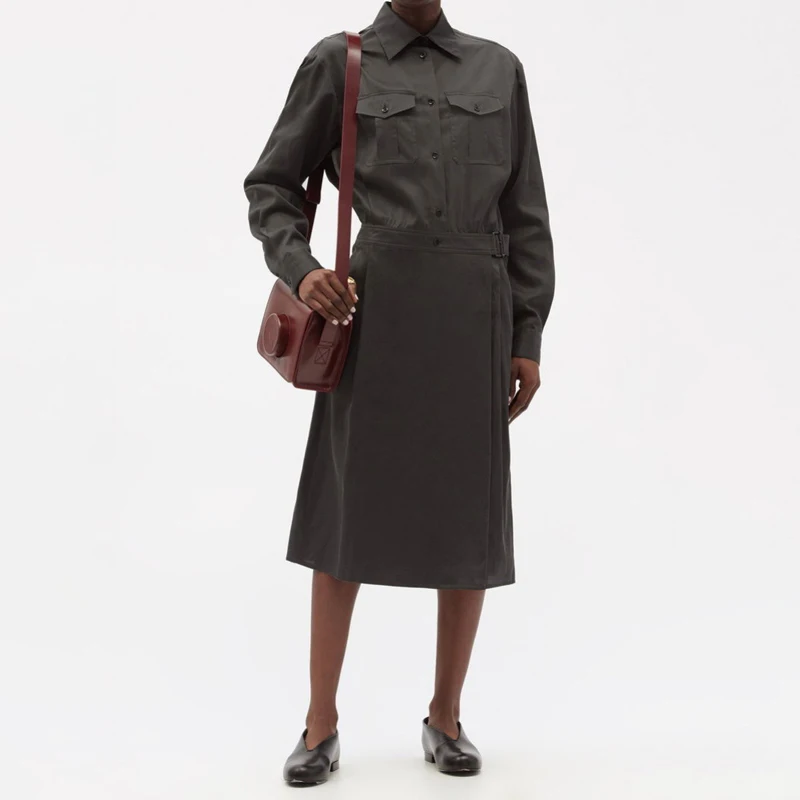 

Хлопковая юбка-трапеция с поясом, двойными карманами, высокой талией, длинными рукавами и отложным воротником, для офиса, элегантная, стильная