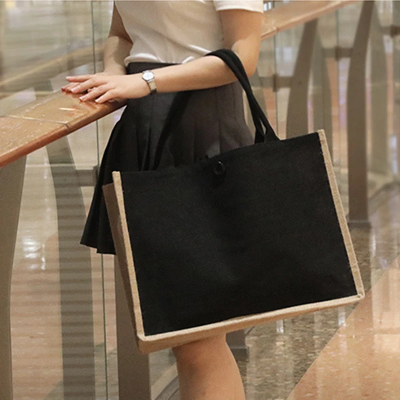 Causal Linen Shopping Bags Jute Tote Buckle Hand-painted Cotton Imitation Sacks Portable Gift Packing Bags Large Capacity