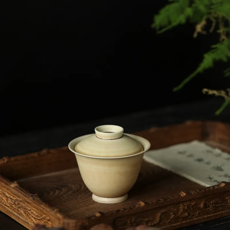 ★Jingdezhen Handmade Drawing Blank Porcelain Gaiwan Yellow Glaze Small Cover Bowl Tea Room Tea Table Decoration Utensils