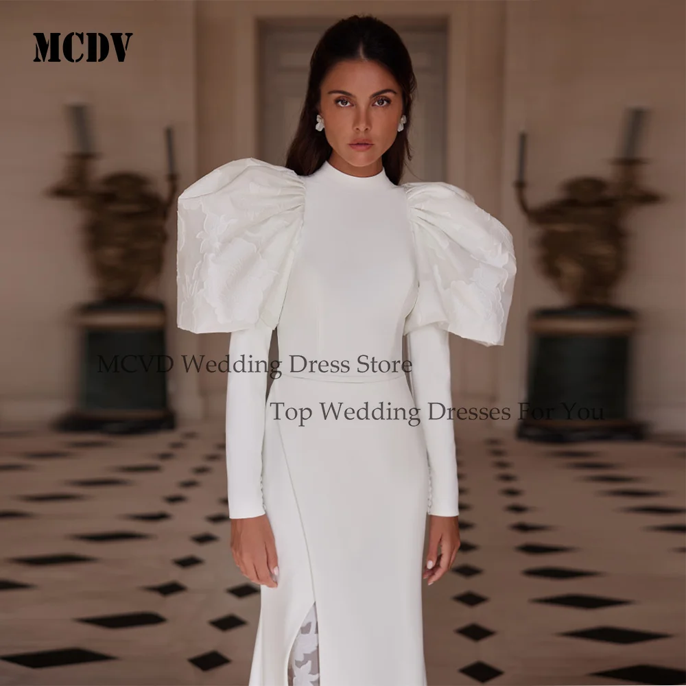 MCDV Modest Wedding Dress With Sleeves Mermaid Bride Gowns 2026 High Neck Applique Side Split Satin Sweep Train Customized