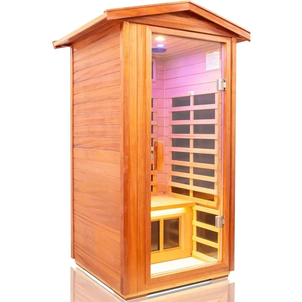 Mahogany Sauna 1 Person, Withstand Outdoor Temp -10℉-149℉, Bluetooth Speaker Low EMF Far Infrared Sauna for Home