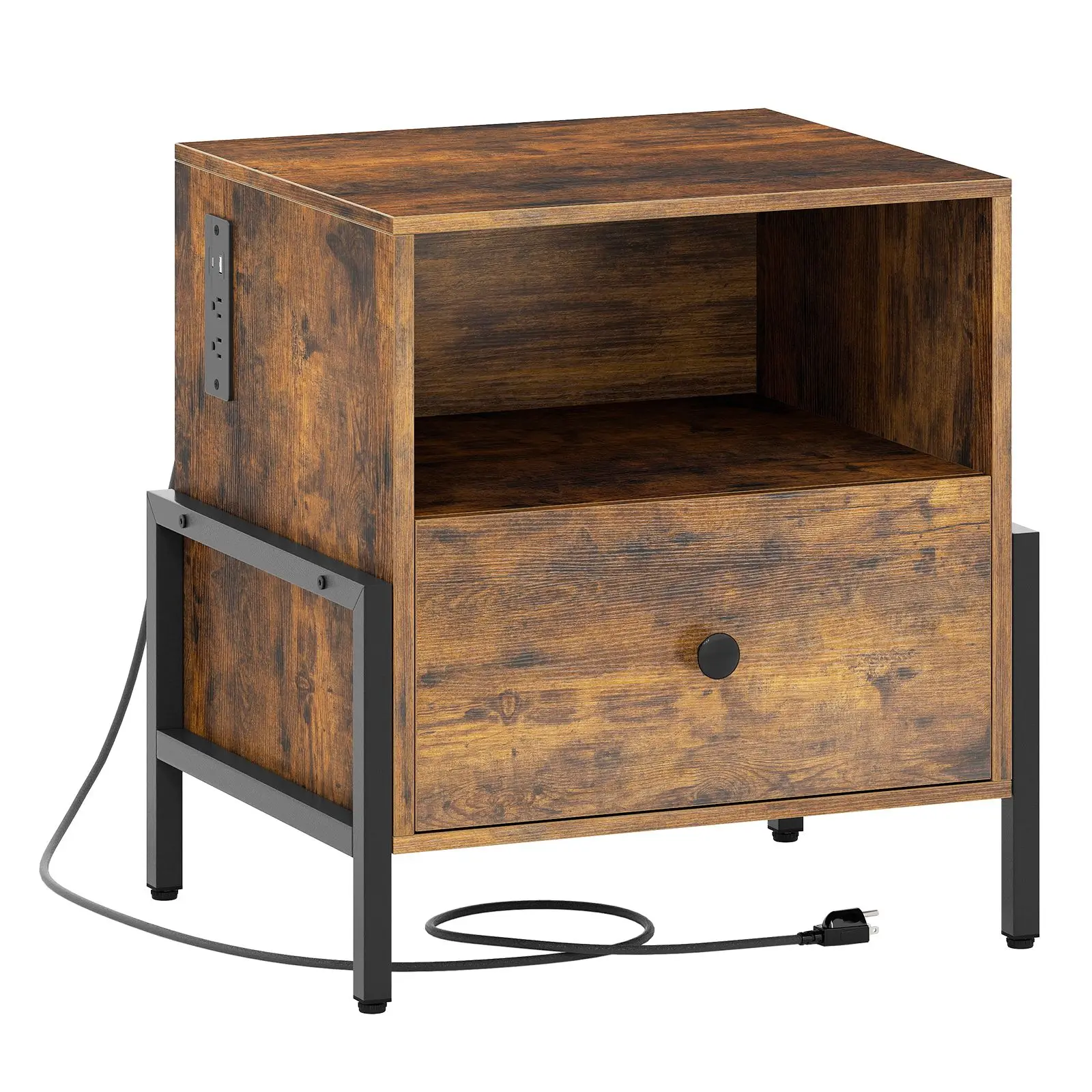 Nightstand with Charging Station and Drawer Sofa Side Table