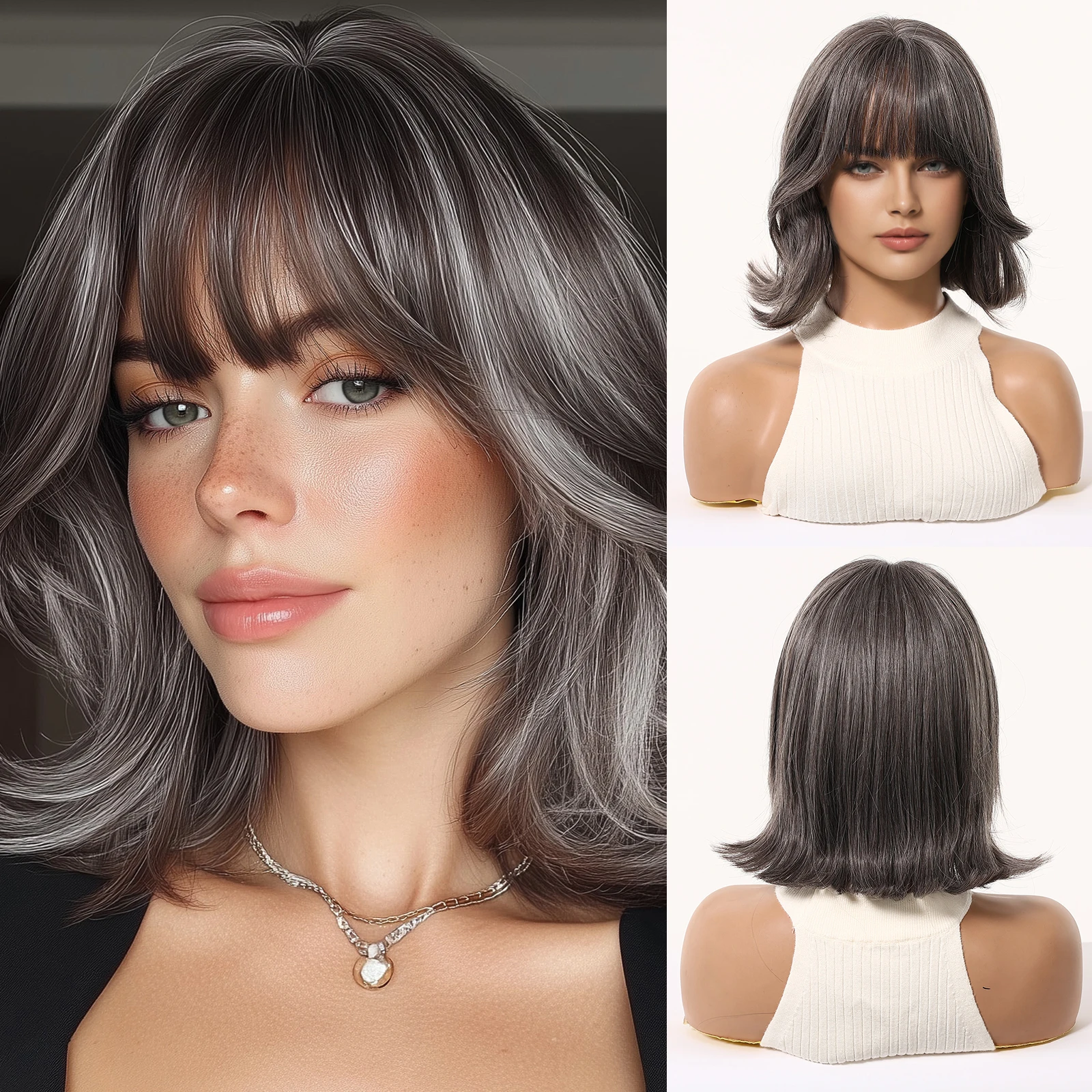

10 Inches Gray Short Synthetic Cosplay With Bangs Wigs For Women Daily Party Use Heat Resistant Fiber Natural Looking Fashion