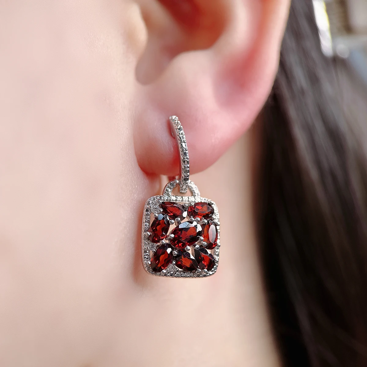 Natural Red Garnet Solid Sterling Silver Drop Earring 5.7 Carat Genuine Birthstone S925 Rhodium Women Classic Fine Jewelry Gifts
