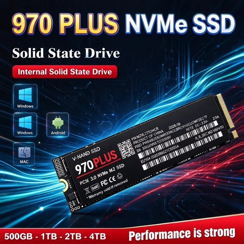 970 PLUS M.2 2280 NVMe SSD interno PCIe Gen3.0 X4 TLC 3D NAND, unidade de estado sólido de 1 TB, 2 TB, 4 TB, para portátil e PC de secretária.