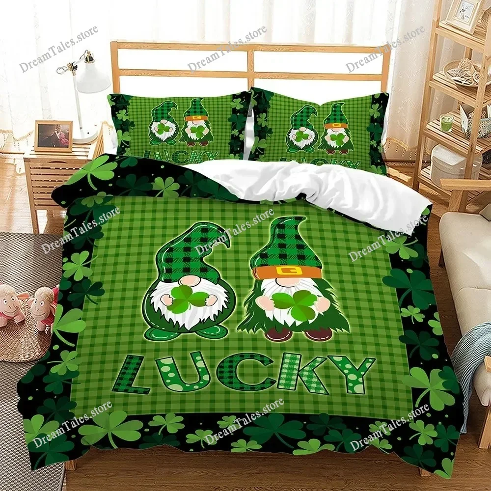 Lucky Green Leaves King Queen Duvet Cover Four Leaf Shamrock Clover Bedding Set Irish Culture Soft Polyester Quilt Cover741