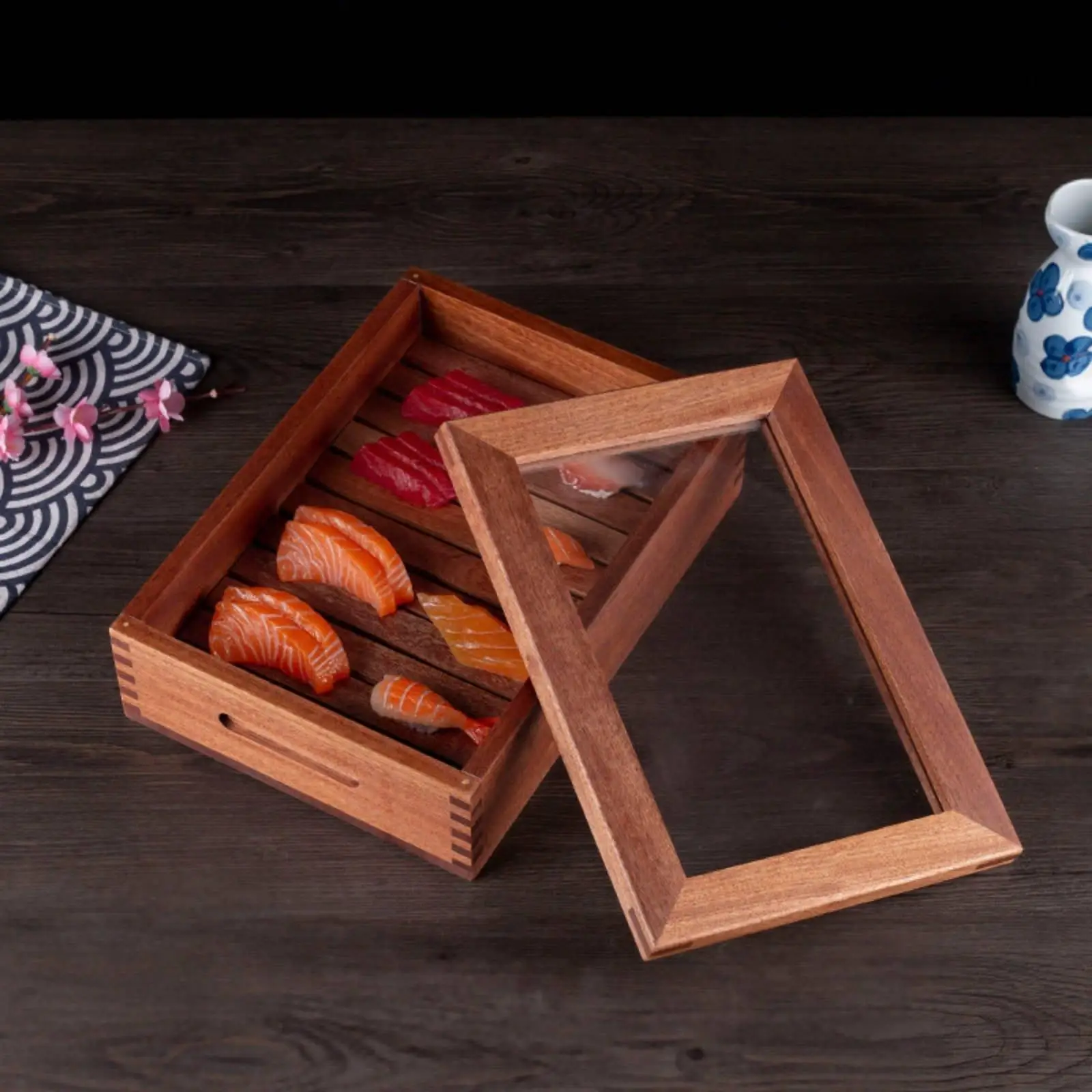 Modern Sushi Display Box with Acrylic Lid Wooden Sashimi Appetizer Tray for Home Restaurant Buffet Use