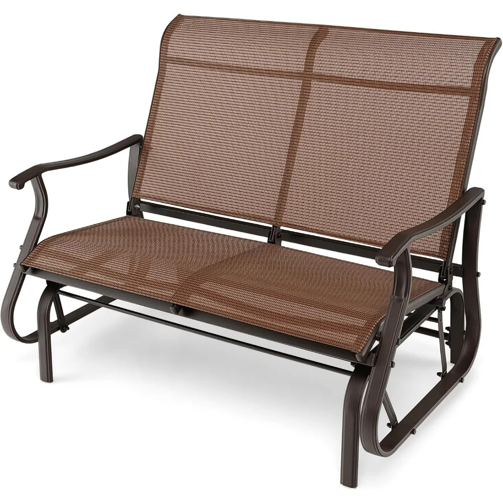 

Nightcore Patio Rocking Chair, 2-Person Swing Glider Bench w/ Breathable Fabric, Natural style Rocker w/ High Backrest & Steel F
