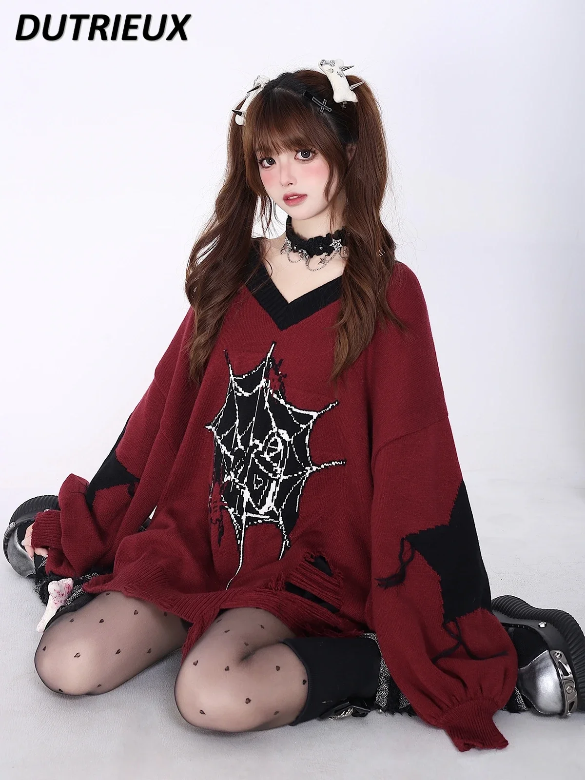 Black and Red Color Matching Long Sleeve Original V-neck Sweater Autumn Winter New Outdoor College Style Sweet Pullover