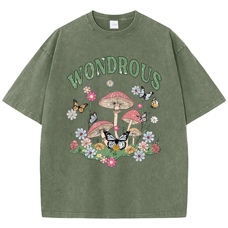 الفطر زهرة فراشة رائع تصميم غسلها تي شيرت المرأة القطن تيشيرت صيفي عادية Y2K فضفاض قصيرة الأكمام Vintage القمم