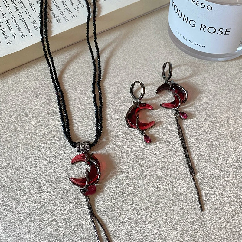 Women's Gothic Black Moon Pendant Necklace & Tassel Earrings Set