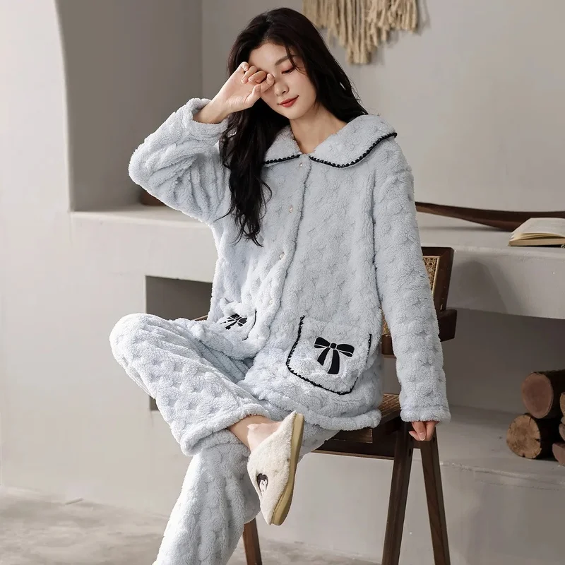 Women's Plush Pajama Set Autumn Winter Soft Long Sleeve Bow Detail Cozy Loungewear