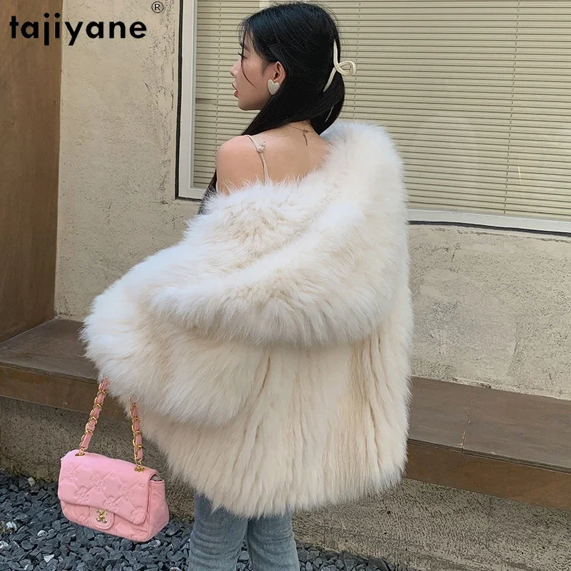 

Tajiyane High Quality Fox Fur Jacket for Women Winter Double-sided Knitted Fox Fur Coat Women's Mid Length Hooded Fur Coats