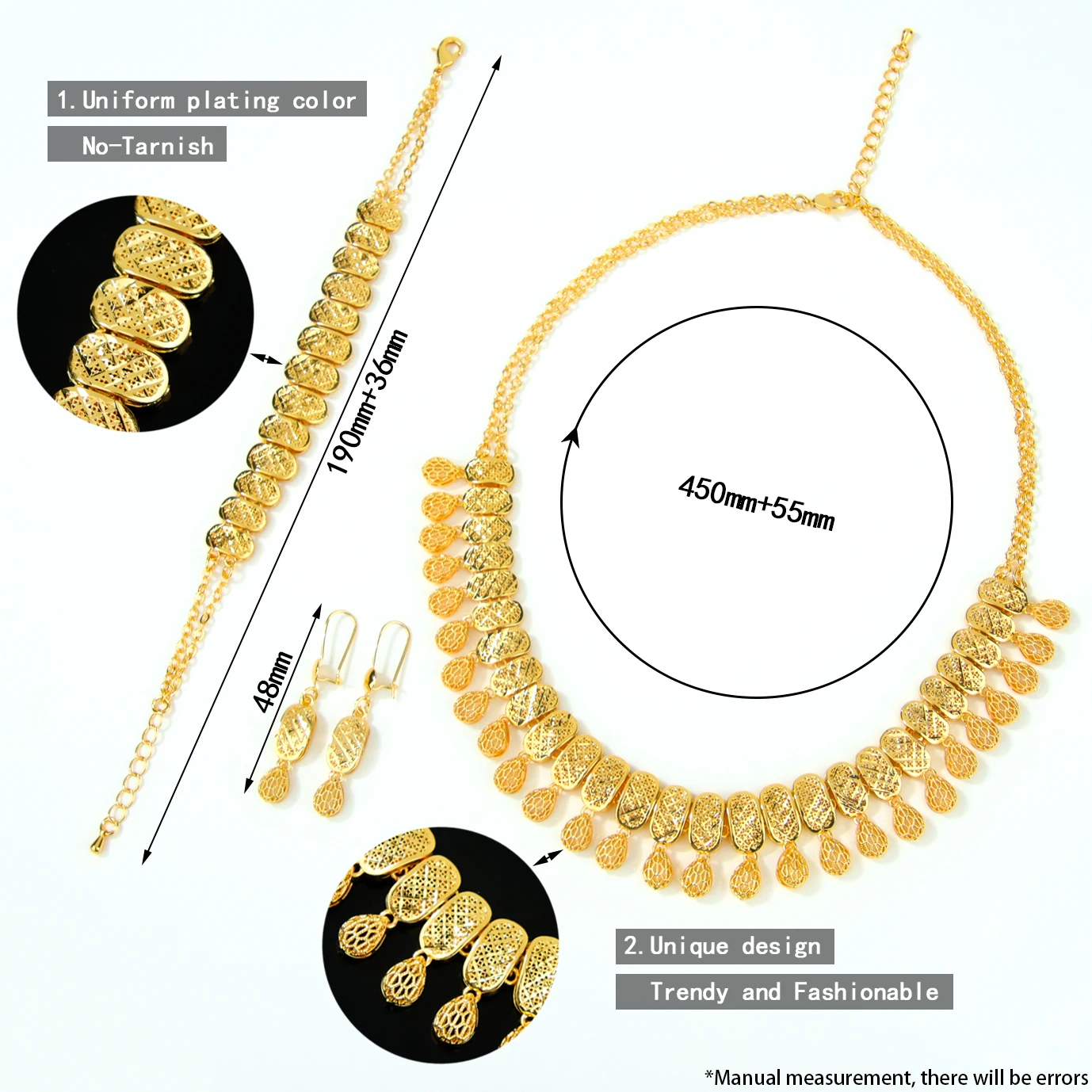 Dubai Mode-Schmuckset 24k Vergoldet Arabischer Eleganter Charm Halskette Armband Ohrringe Oman Frauen Hochzeit Party Schmuck – Detail 4