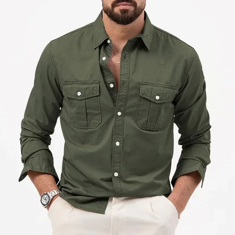 

Army Green Tactical Cargo Shirts for Men Chest Two Pockets Long Sleeve Mens T-Shirt 2024 Trend Casual Loose Shirt Chemise Hombre