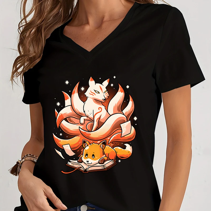 Book Spirit Fox Cartoon Anime Clothes for Women T-shirts V-neck Kawaii Clothes Short Sleeve Graphic T Shirts Y2k Top Women Tees