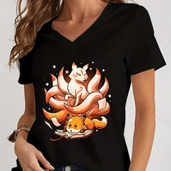 Book Spirit Fox Cartoon Anime Clothes for Women T-shirts V-neck Kawaii Clothes Short Sleeve Graphic T Shirts Y2k Top Women Tees