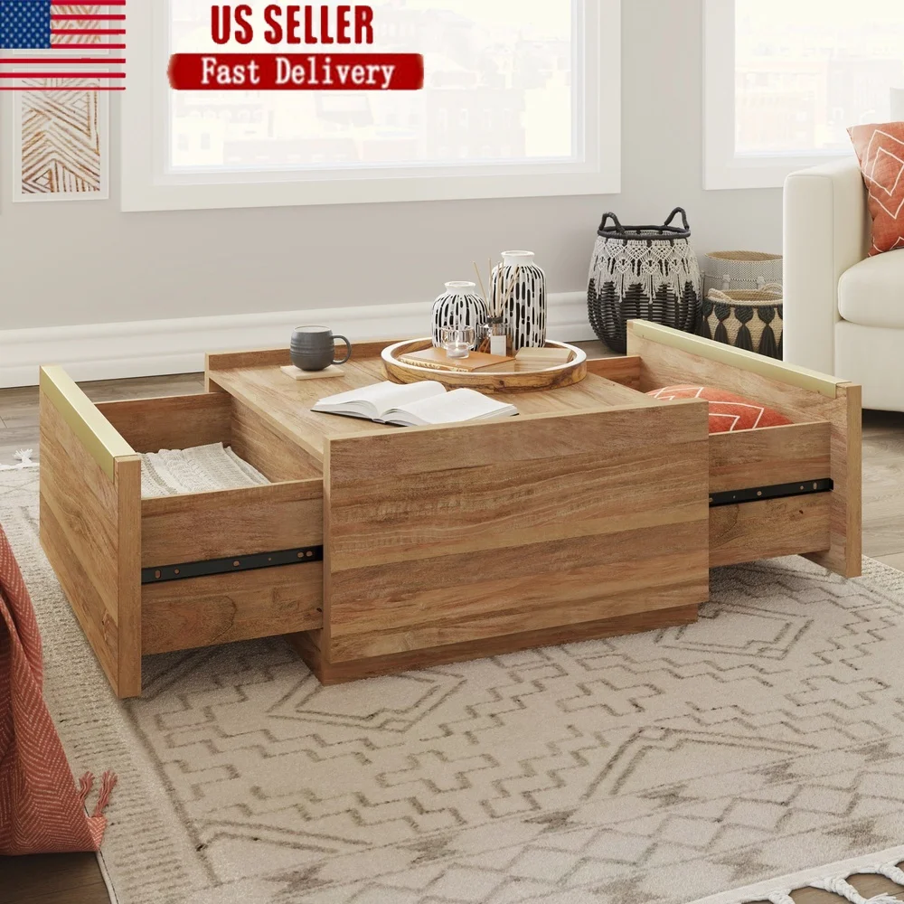 

Современный квадратный журнальный столик с местом для хранения вещей, две ящики, легкая конструкция панели, универсальное размещение в помещении, Sindoori Mango