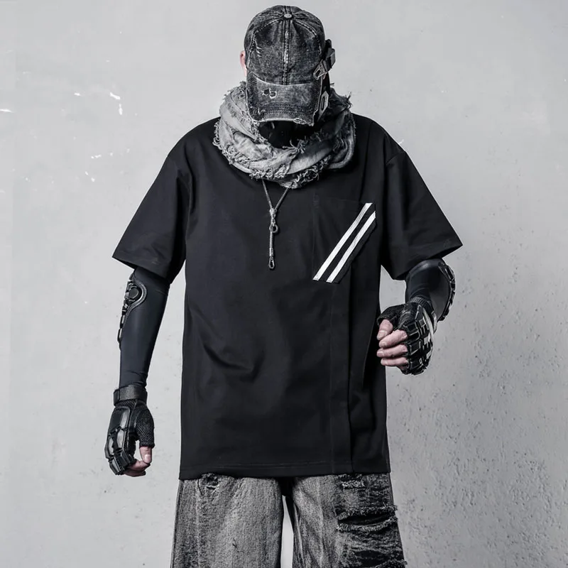 Designer Split Design Dark Men's Twill Contrast Color Techwear Short Sleeve T-shirt Loose Crew Neck T-shirt Fashion Top