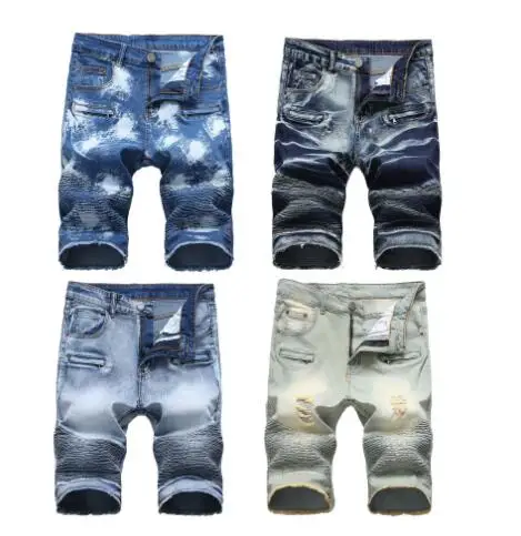 

2021 Summer New Men's Denim Shorts Street Clothing Trend Personality Slim Short Jeans Biker Zip Crinkle Denim Shorts