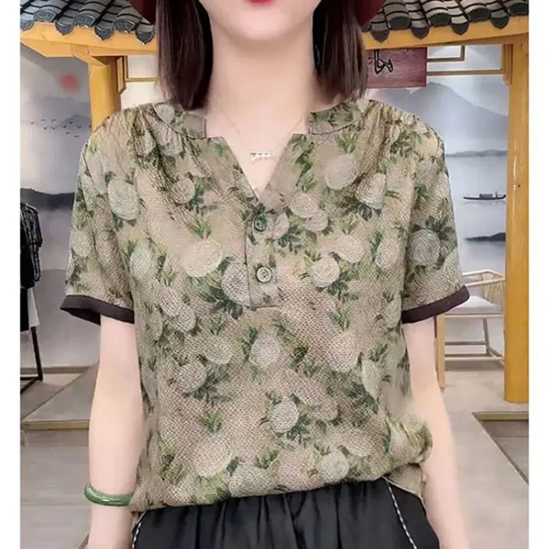 2024 New Summer Korean Version Elegant and Fashionable Short Sleeved Blouses Loose V-neck Printed Patchwork Women\'s Shirt Top