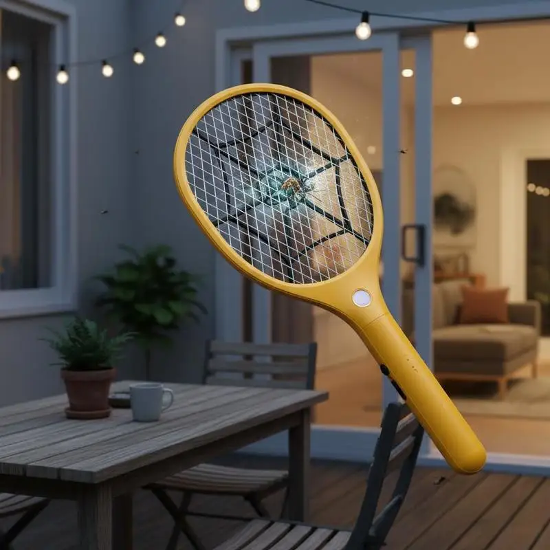 

Bug Zapper Racket 17x7 Inches For Home Bedroom Kitchen, 500mAh Rechargeable Battery 3 Layers Mesh Yellow Black Design