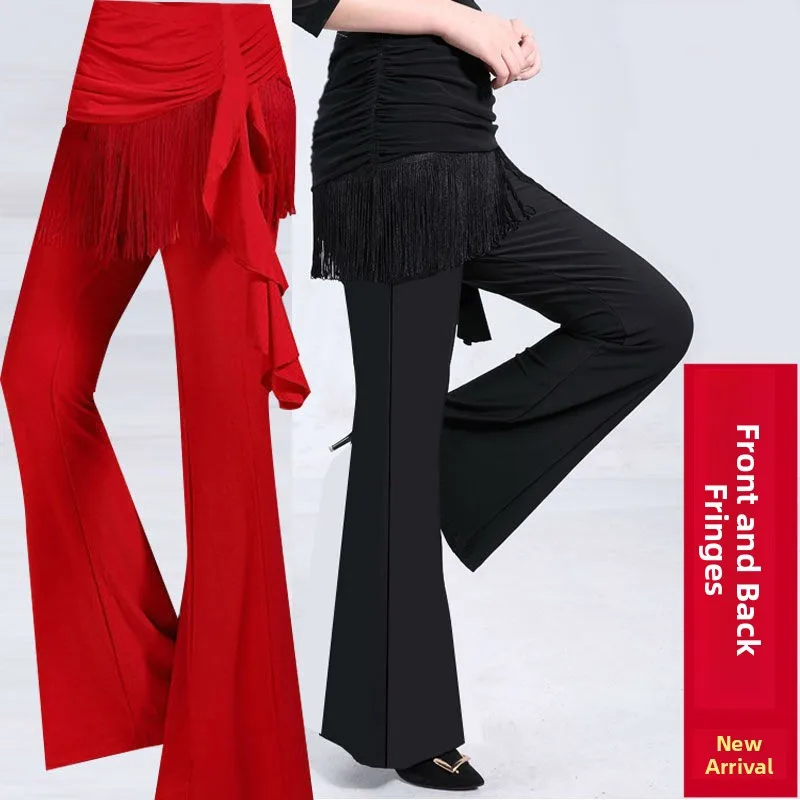 new-women's-square-dance-pants-crystal-linen-elastic-practice-trousers-front-back-fringe-micro-flared-pants-modern-dance