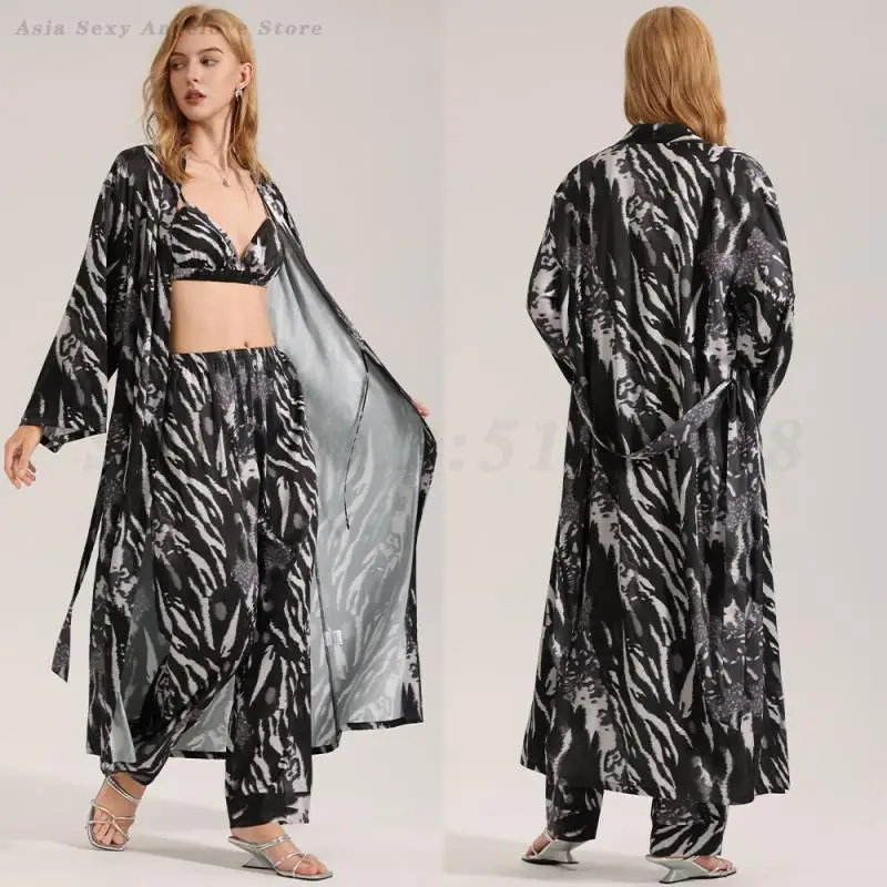 

Fashion Long Robe 3PCS Pajamas Set Female Intimate Lingerie New Sleepwer Loose Silky Satin Pijama Mujer Home Clothes Loungewear