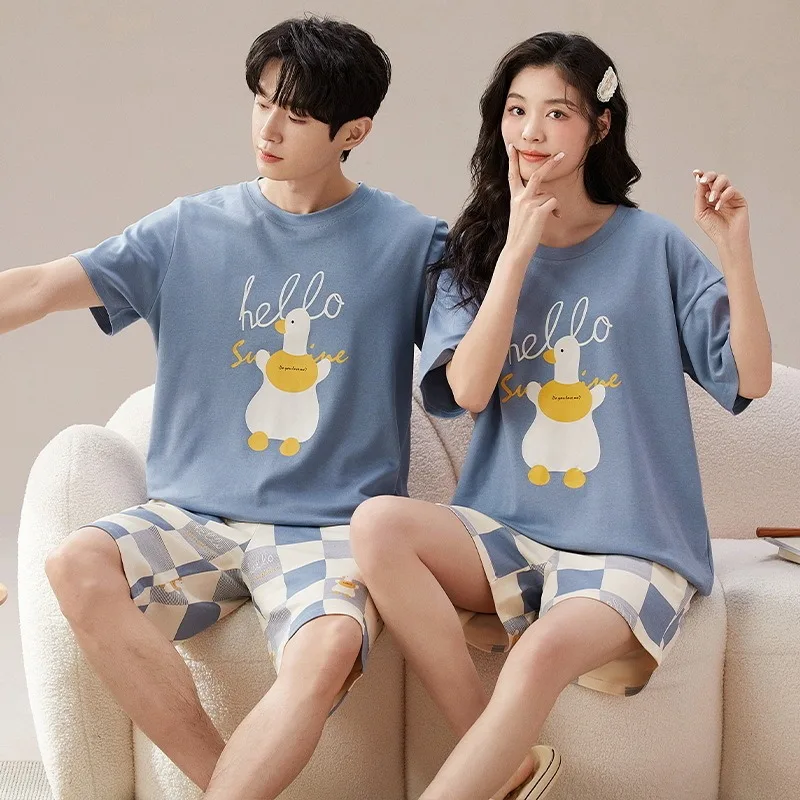 Couples Matching Home Clothes Cotton Nightwear Summer Thin Short Sleeping Tops Shorts Pajamas Set for Women Men Pyjamas Pjs