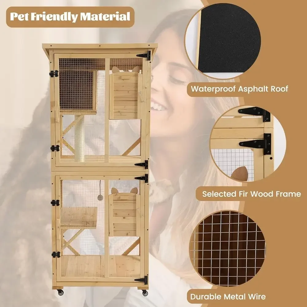Outdoor Cat Enclosure with 4-Tier Playpen, Wheels, Resting Box, Waterproof Roof, Indoor Large Cat House Cage, and Scratching Pos view 6