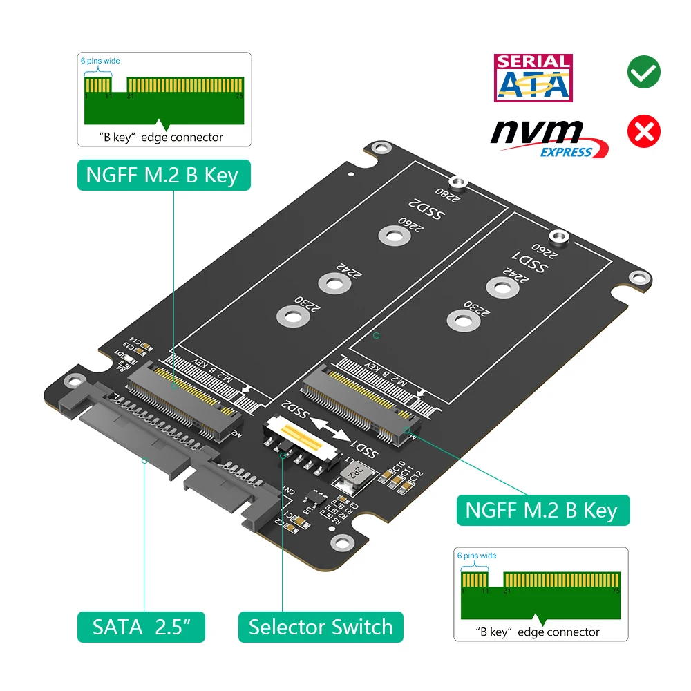 مفتاح M.2 B المزدوج الجديد/B&M Key SSD إلى 2.5 بوصة SATA III مع غلاف بلاستيكي