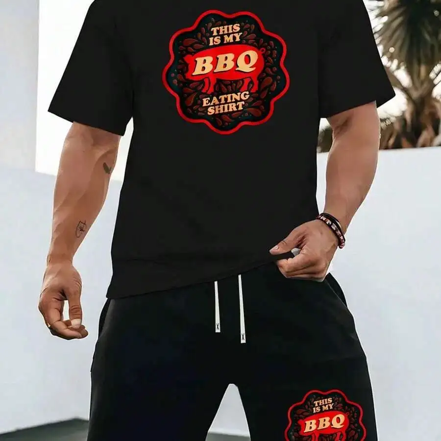 Mens Casual BBQ Print T-Shirt And Elastic Waist Shorts Set