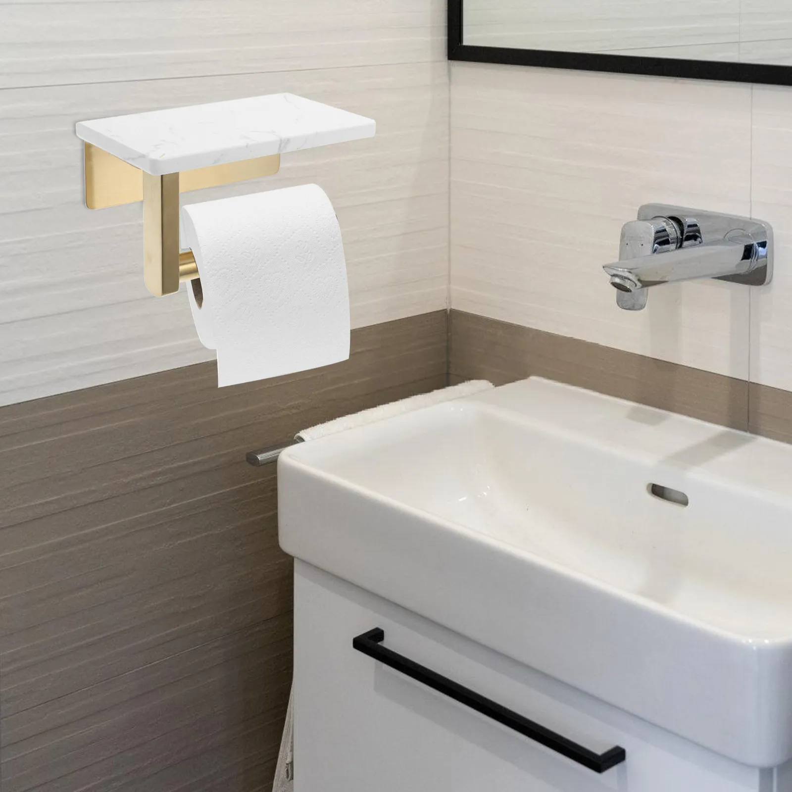 Wall Mounted Stainless Steel Marble Toilet Paper Holder with Upper Shelf Bathroom Accessory for Tissue Towel Fragrance