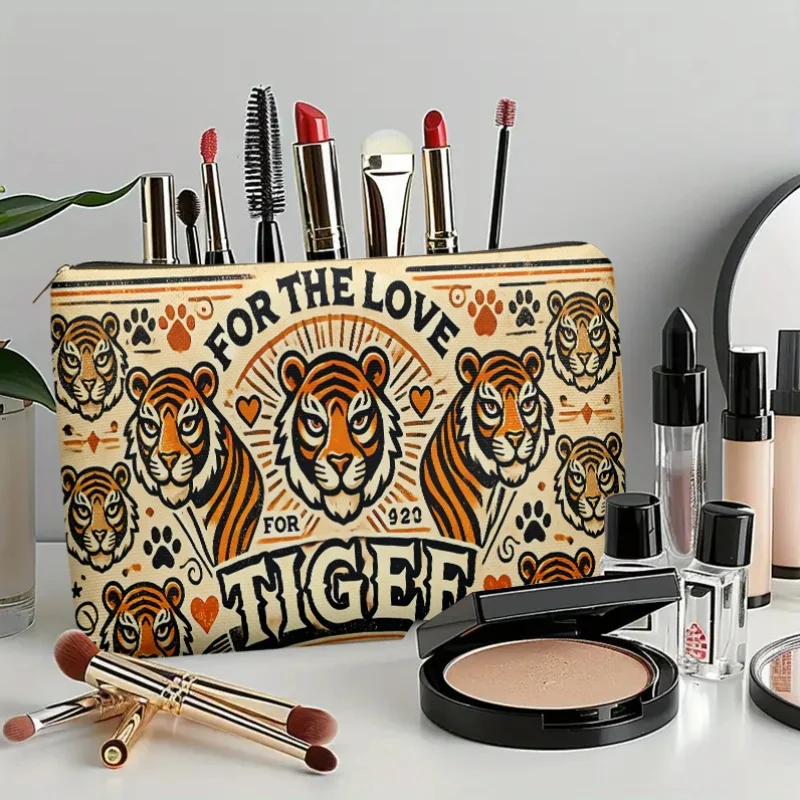 One Makeup Bag Featuring A Tiger Stripe Art Design A Stylish And Lightweight Zippered Cosmetic Pouch Suitable For Travel And Da