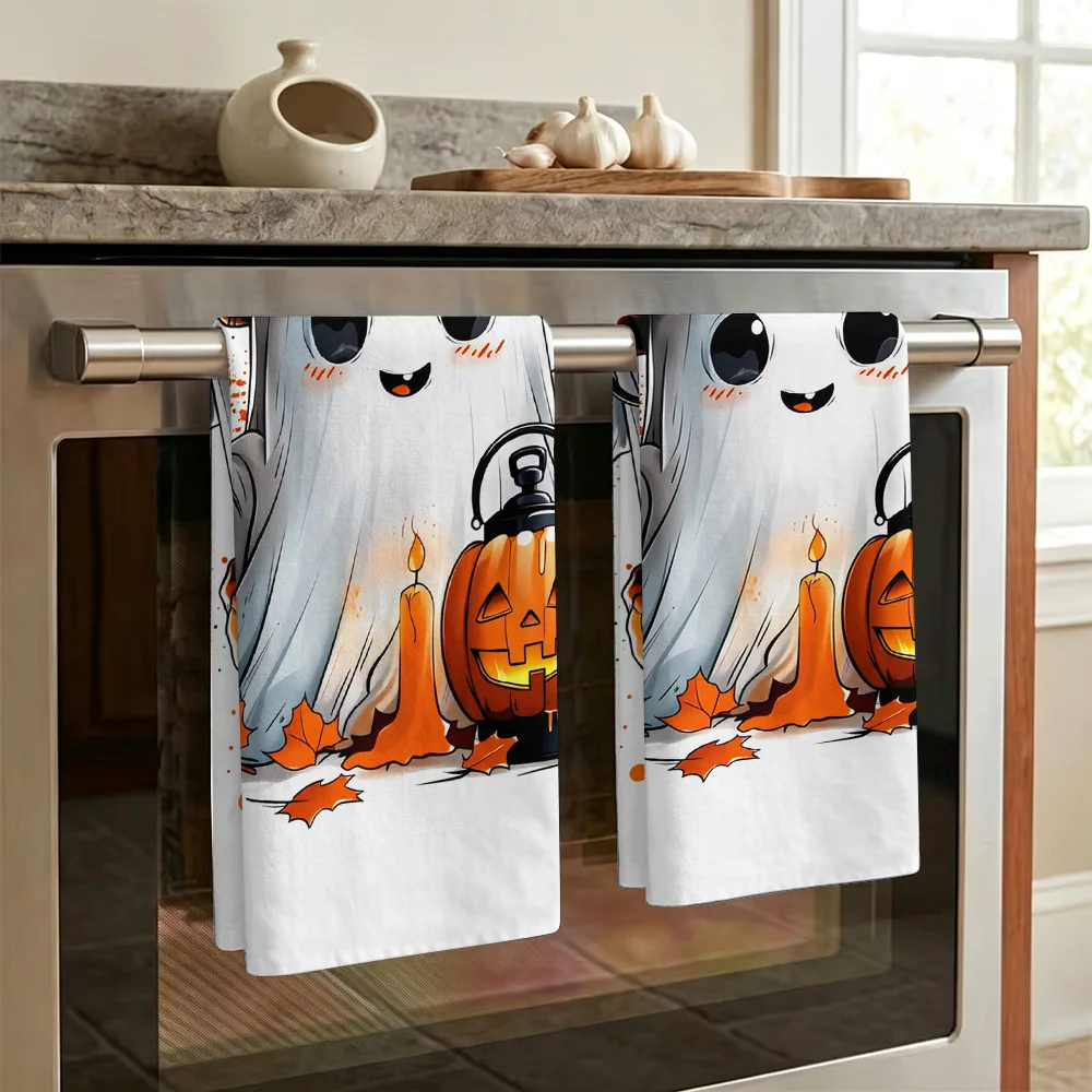 1pc/2pcs Kitchen Towel with Ghost & Pumpkin Halloween Motif-Super absorbent, reusable polyester dishcloths perfect for home deco