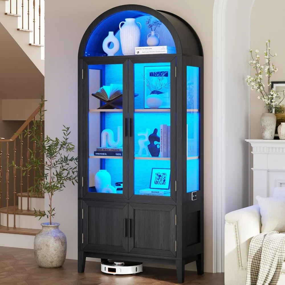 

71 Tall Arched Pantry Cabinet, 5-Tier Kitchen Storage Cabinet with Glass Doors, 3 Color LED Lights & Human Body Sensor, Morden V