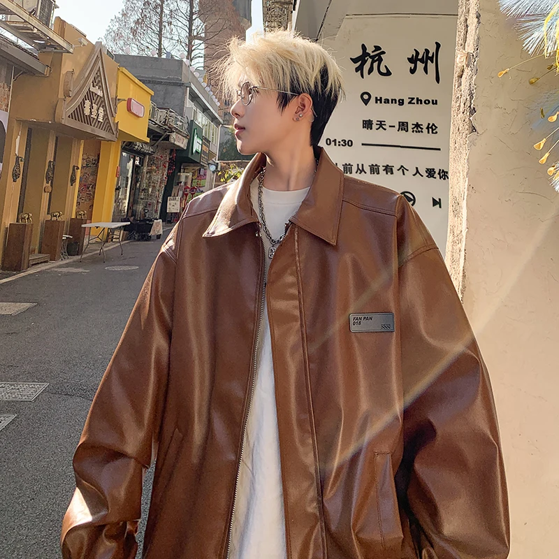 

2025 Spring Fashion Mens Biker Jacket American Style Notch Lapel Leather Jacket Lightweight Casual Coat For Men Daily Wear