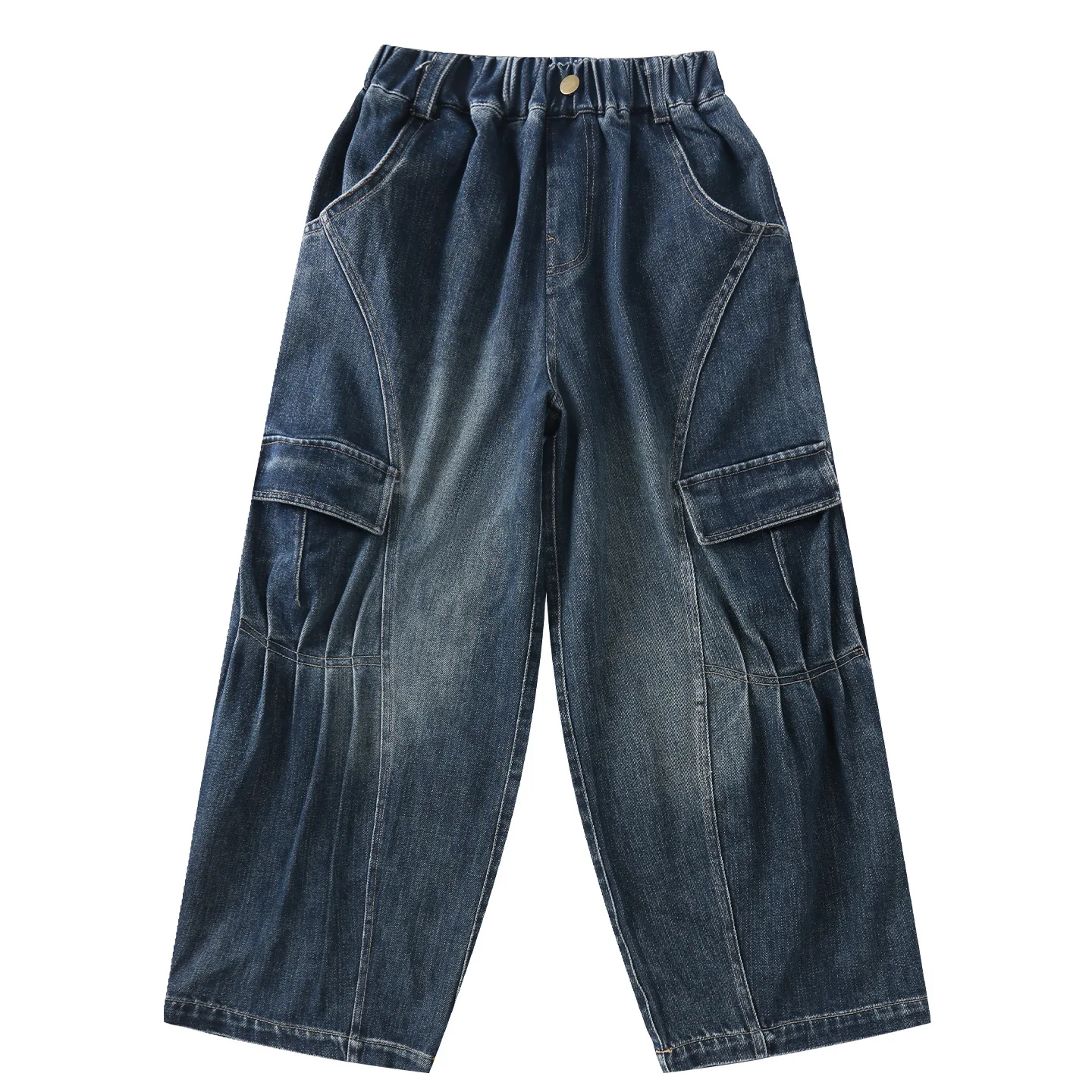 أطفال الخريف الجينز مع جيب للفتيات Y2K موضة شارع العليا الدنيم السراويل المراهقين الطفل فضفاض البضائع الجينز السراويل ﻿