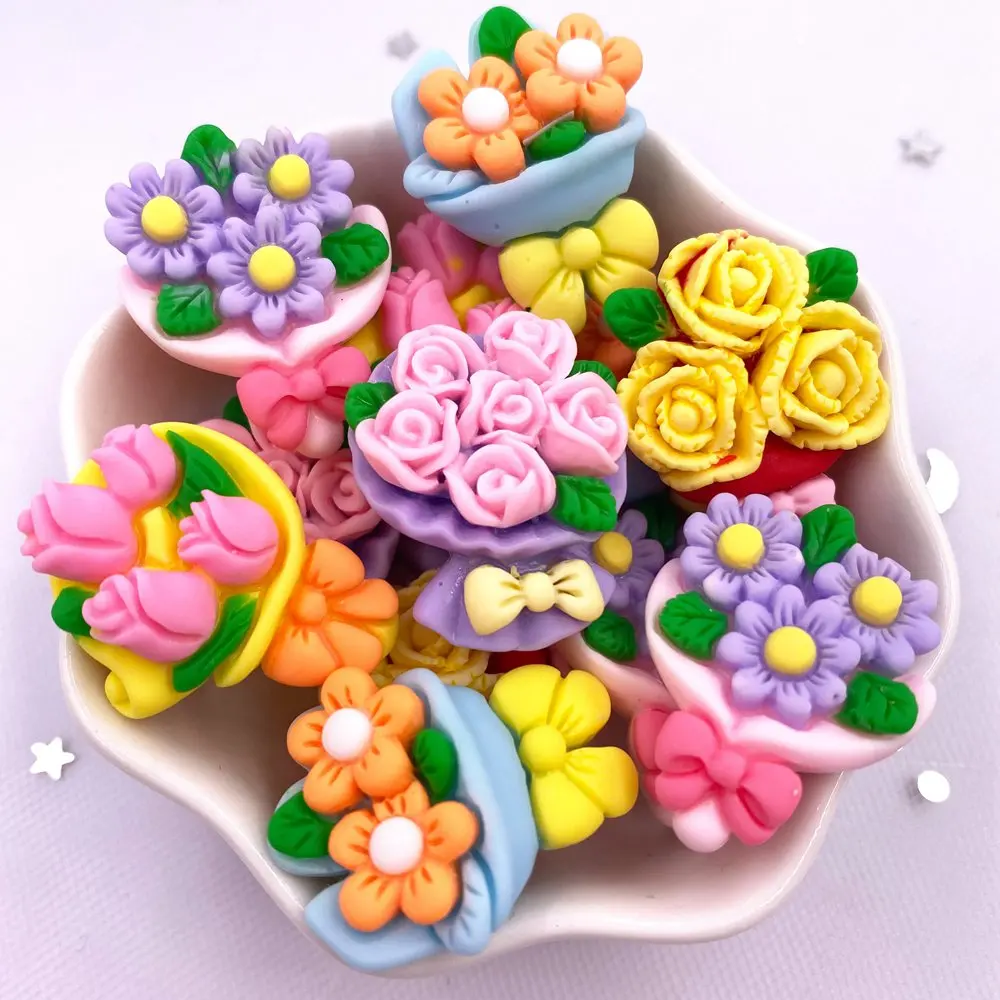 10PCS Resin Kawaii Colorful Painted 3D Rose  Bouquet Flatback Stone Scrapbook Figurine  DIY Decor Home Accessories Crafts OM131