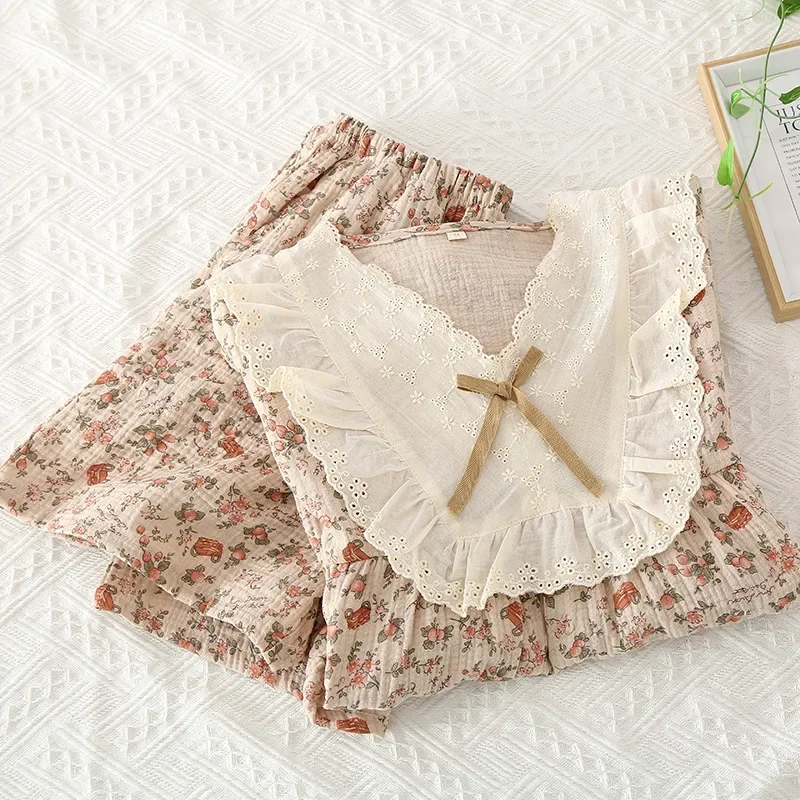 جديد الصيف الملابس النسائية الشاش القطن الخامس الرقبة الدانتيل منامة مع السراويل نايتي مجموعة قطعتين مجموعة منامة للنساء