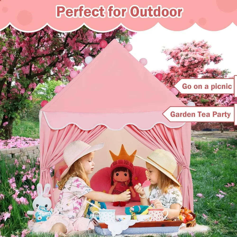 Imagem -06 - Tenda com Esteira Acolchoada e Luzes das Estrelas para Crianças Teatro Indoor Princess Tent For Girls Toy House Gift Rosa e Amarelo