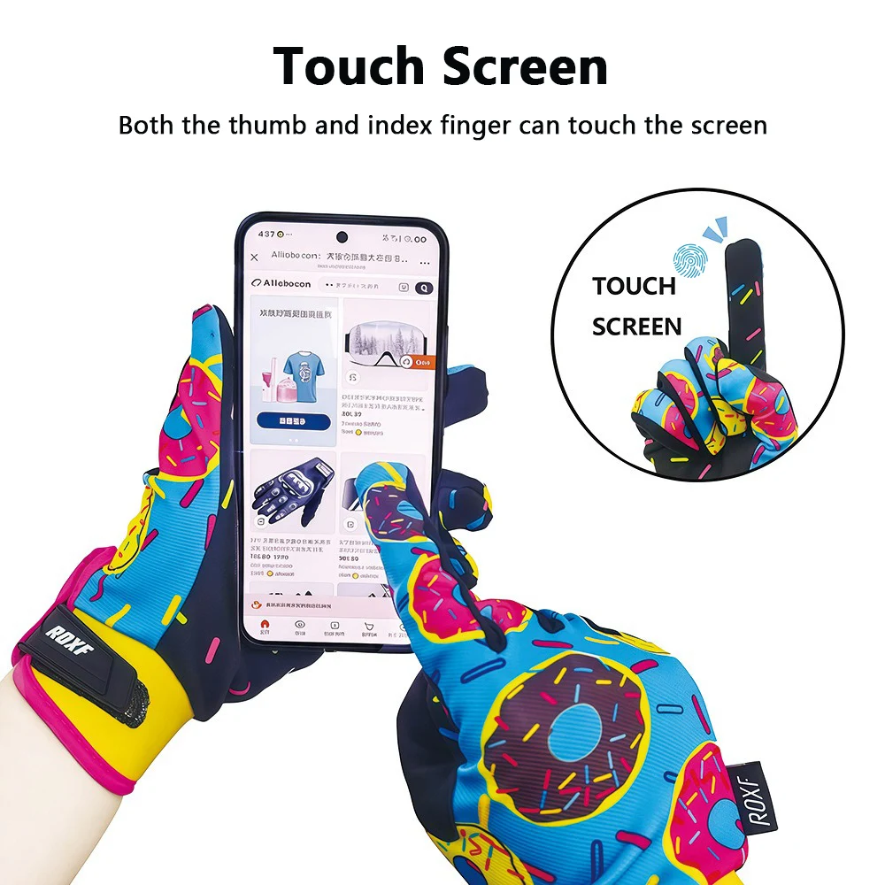 1 Pair Donut Print Full Finger Gloves Touchscreen Breathable Anti-Slip Cycling Gloves for Men Women Bike Skating Hiking Sports