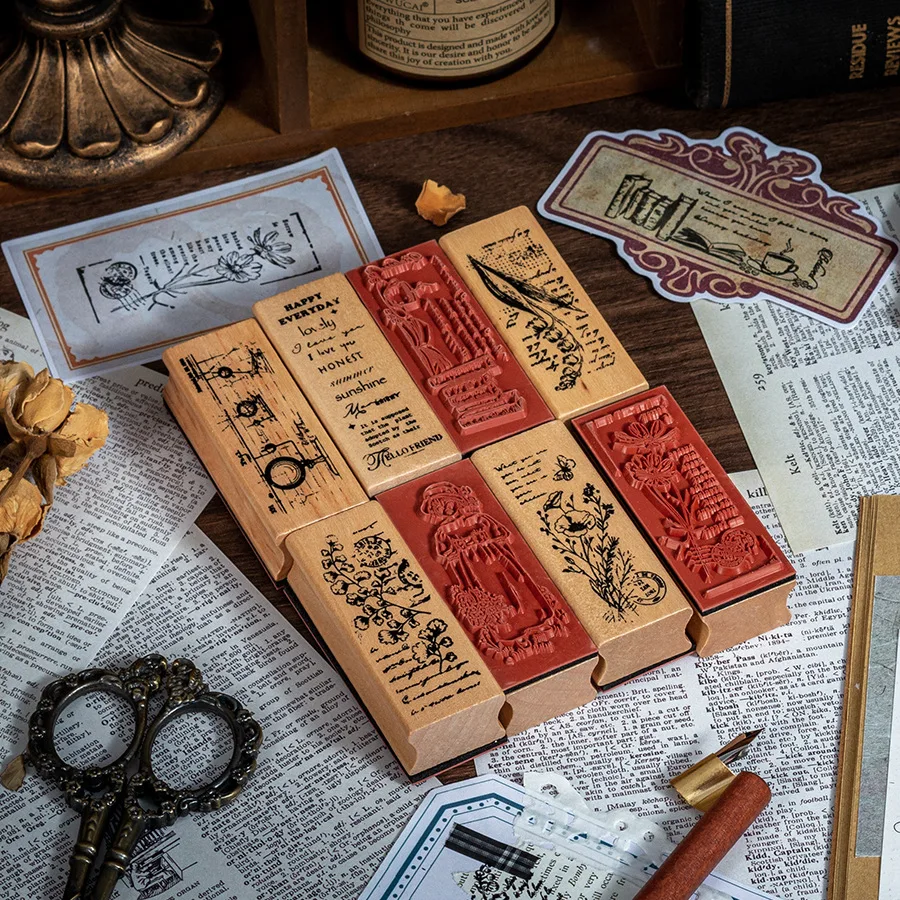 طالب رائعة الزهور الخشبية النباتات الفتيات الأختام الإبداعية كتيب النباتات الطازجة DIY بها بنفسك مذكرات الأختام الزخرفية 8 أنماط ختم الخشب