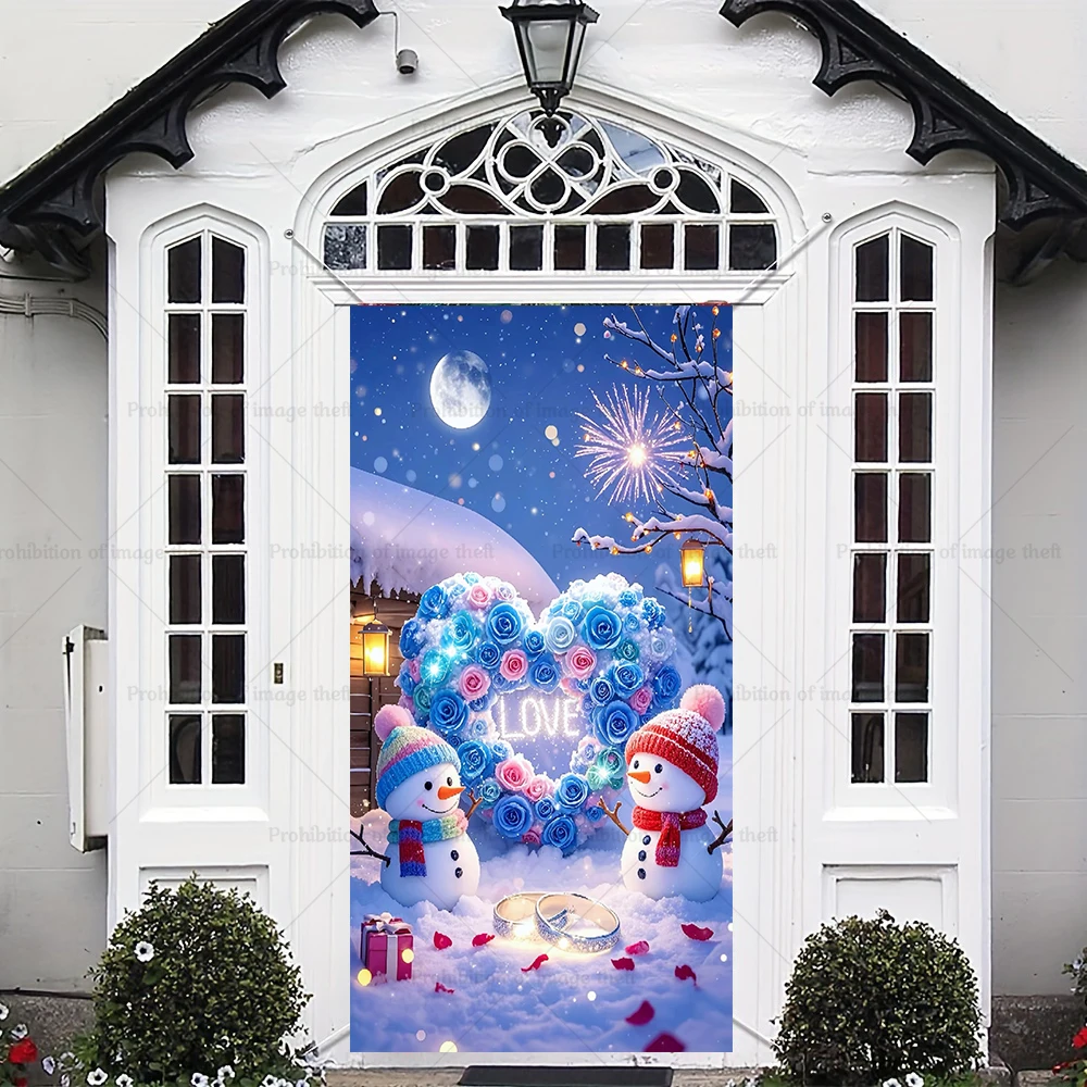 الشتاء ثلج موضوع ندفة الثلج شجرة عيد الميلاد الدافئة ضوء زوجين سانتا السنة الجديدة غطاء الباب الديكور في الهواء الطلق خلفية شرفة #5