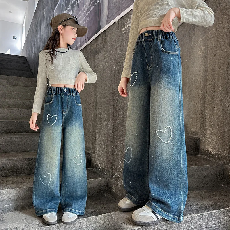 

Широкие джинсы для девочек-подростков с сердечком, весенне-осенние модные детские повседневные джинсовые брюки, школьные детские прямые мешковатые брюки